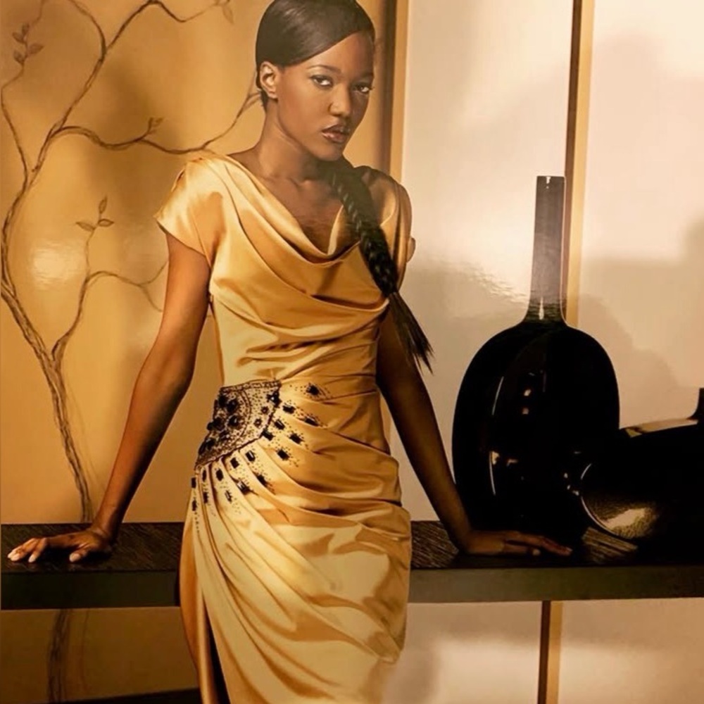 Mandalay Gold Chinoiserie Dress with Beaded Oriental Fan Embroidery